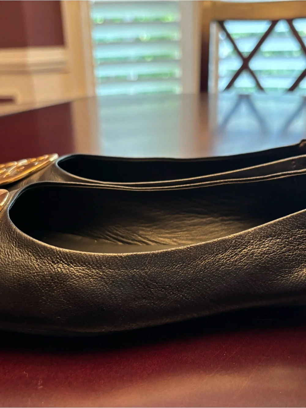 Tory Burch Black Leather Ballet Flats with Gold Logo Medallions